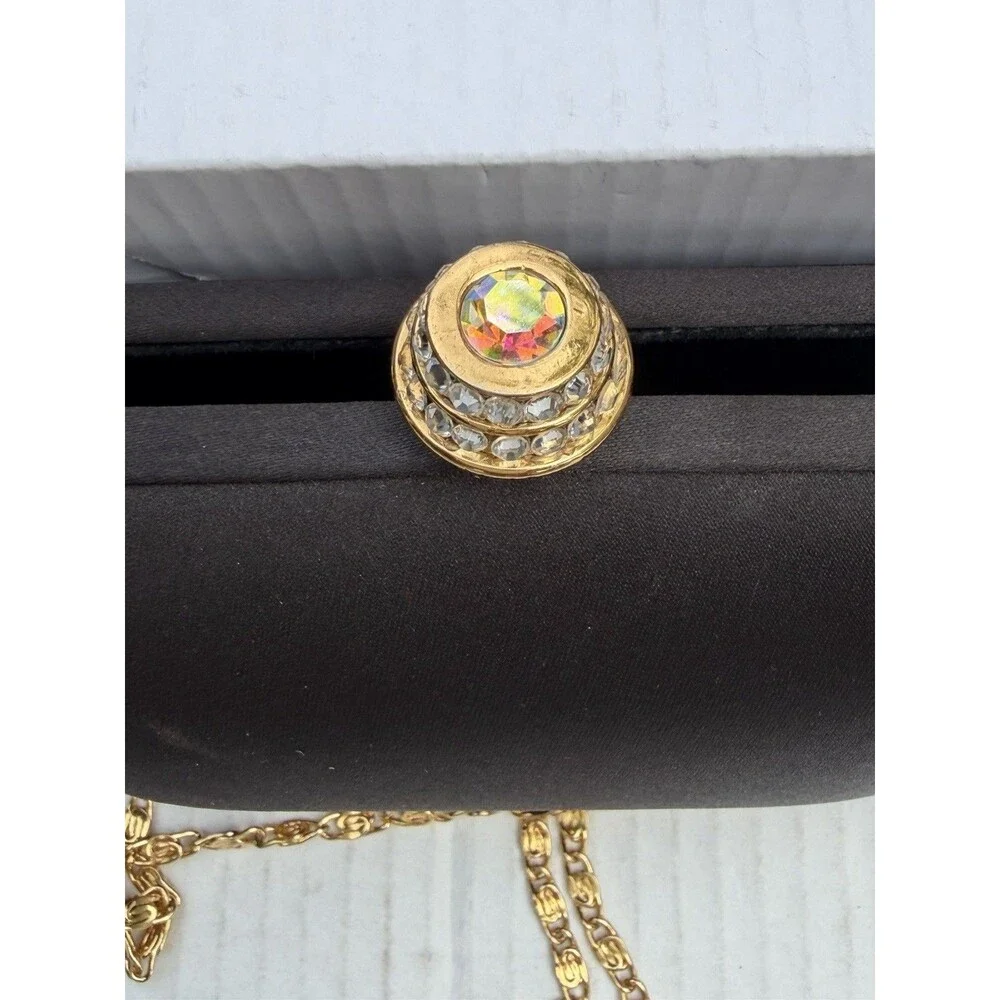 Vintage Carlo Pellini Black Satin Evening Clutch Purse Gold Chain Rhinestone